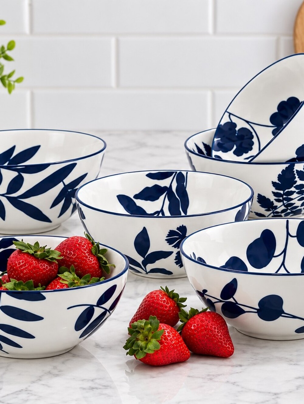 Arbor White and Navy Floral Porcelain Serving Bowls 6-PC